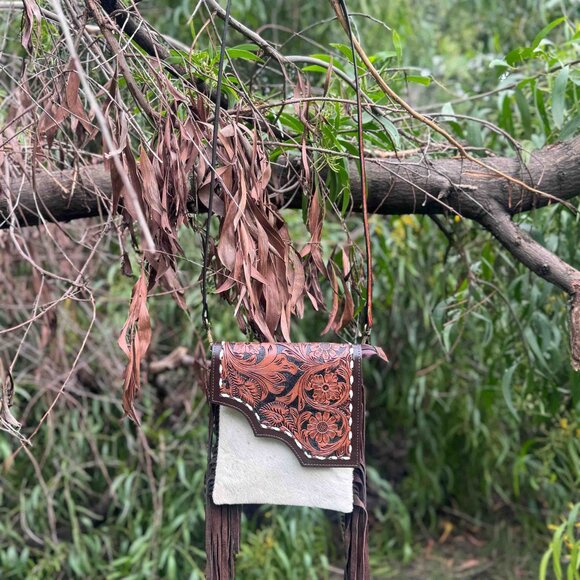 Western Fringe Purse, Tooled Cowhide Tote Bag with Detachable Crossbody Strap - Picture 2 of 7